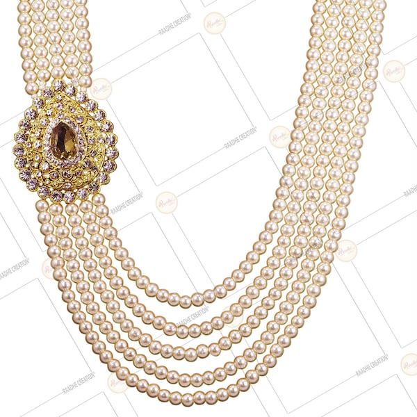 RAADHE CREATION Gold Plated and Pearl Moti Dulha Five Line Necklace Chain Men Designer Groom Sherwani Mala Wedding Jewelry Indian Jewelry