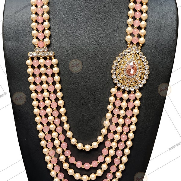 RAADHE CREATION Gold Plated and Pearl Moti dulha necklace chain Men Designer Groom Necklace Sherwani Mala Wedding Jewelry Indian Men Jewelry