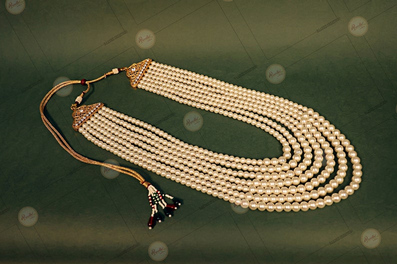 RAADHE CREATION Gold Plated and Pearl Moti dulha Seven Line necklace chain Men Designer Groom Sherwani Mala Wedding Jewelry Indian Jewelry image 7
