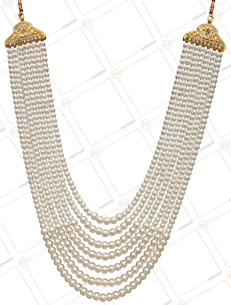 RAADHE CREATION Gold Plated and Pearl Moti dulha Seven Line necklace chain Men Designer Groom Sherwani Mala Wedding Jewelry Indian Jewelry image 6