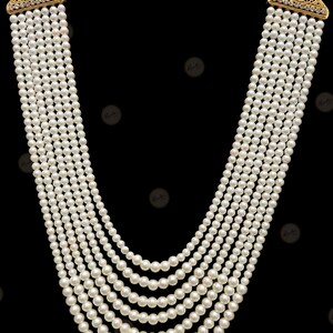 RAADHE CREATION Gold Plated and Pearl Moti dulha Seven Line necklace chain Men Designer Groom Sherwani Mala Wedding Jewelry Indian Jewelry image 8