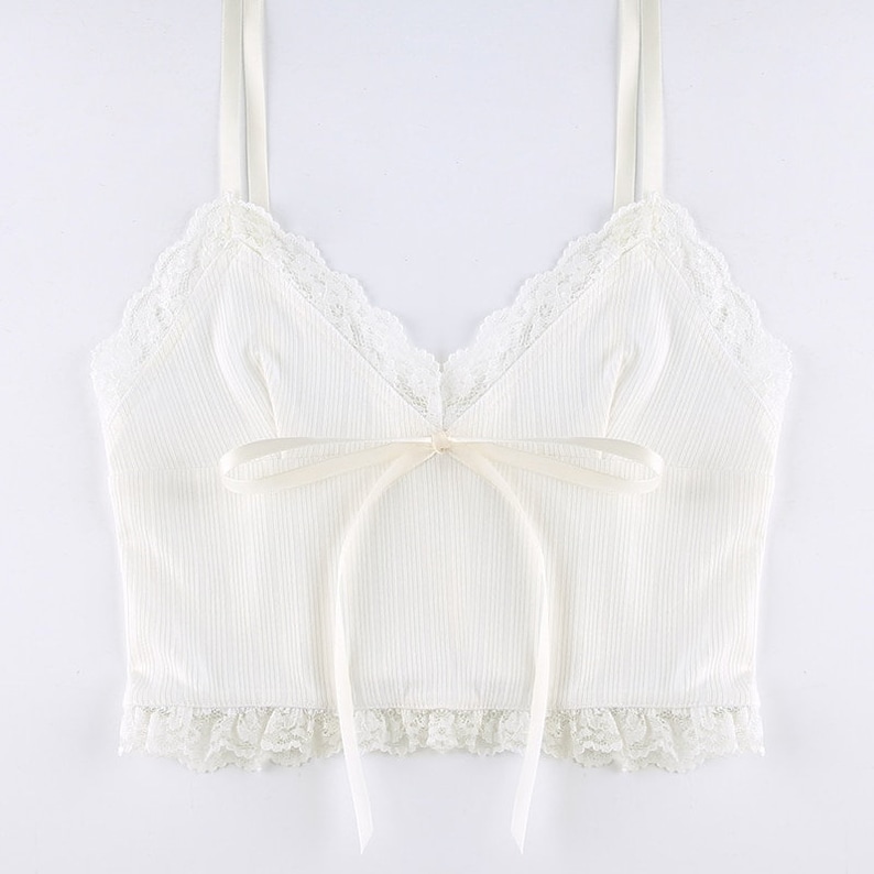 White Knitted Y2K Lace Cropped Tank Top Etsy