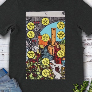 Ten of Coins or Pentacles Vintage Tarot - hand drawn original Rider Waite Deck T-Shirt.
