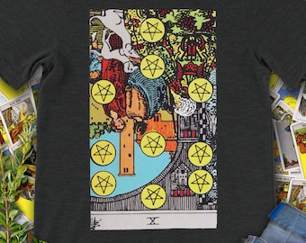 Ten of Coins or Pentacles Vintage Reversed Tarot Card - hand drawn original Rider Waite Deck t-shirt.