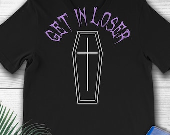 Get In Loser Coffin design. Kawaii Pastel Goth Halloween t-shirt.