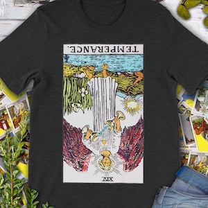 Camiseta original com baralho Rider Waite desenhado à mão com carta de tarô invertida Temperance Vintage.