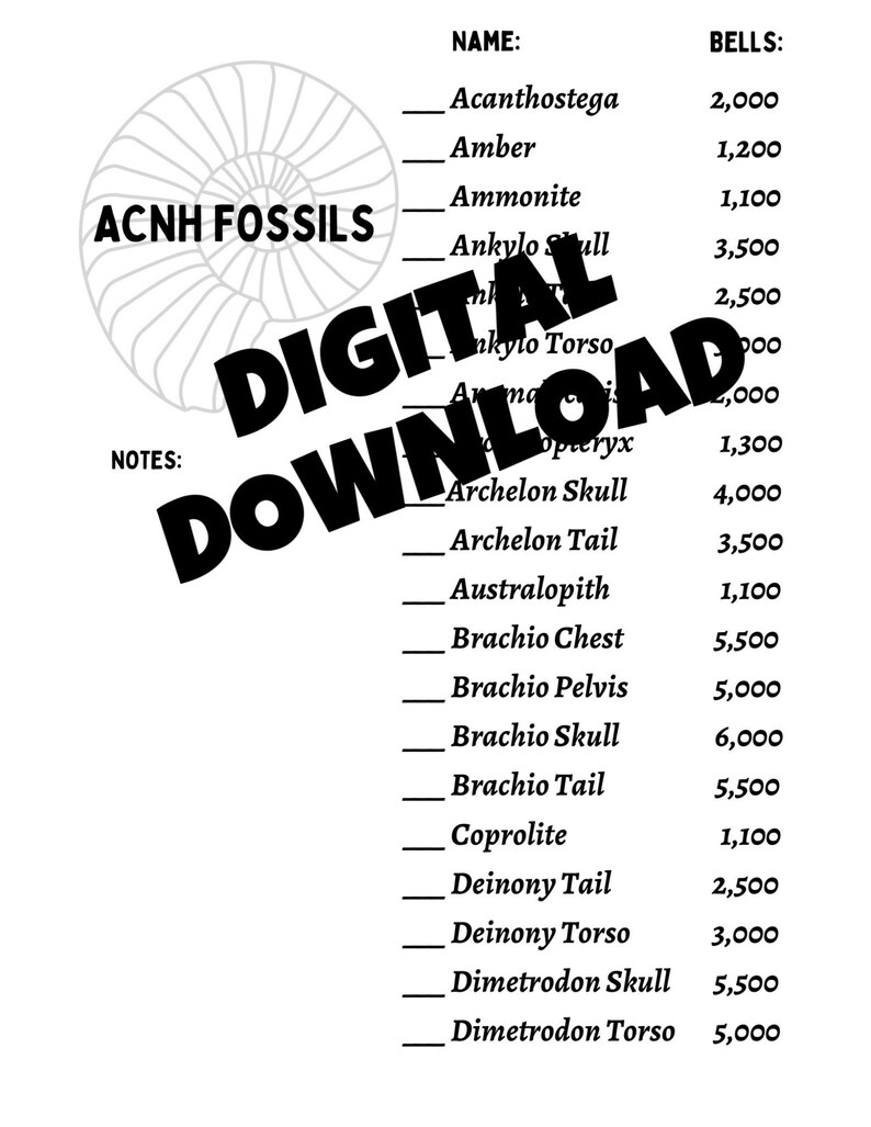 ACNH Collectors FOSSIL Guide Checklist for Animal Crossing Etsy