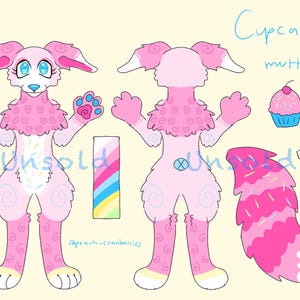 May include: A digital character reference sheet for a pink anthropomorphic creature named Cupcake Mutt. The design features swirl patterns, blue paw pads, a cupcake icon, a rainbow colour palette, a separate tail, and an optional wing graphic.