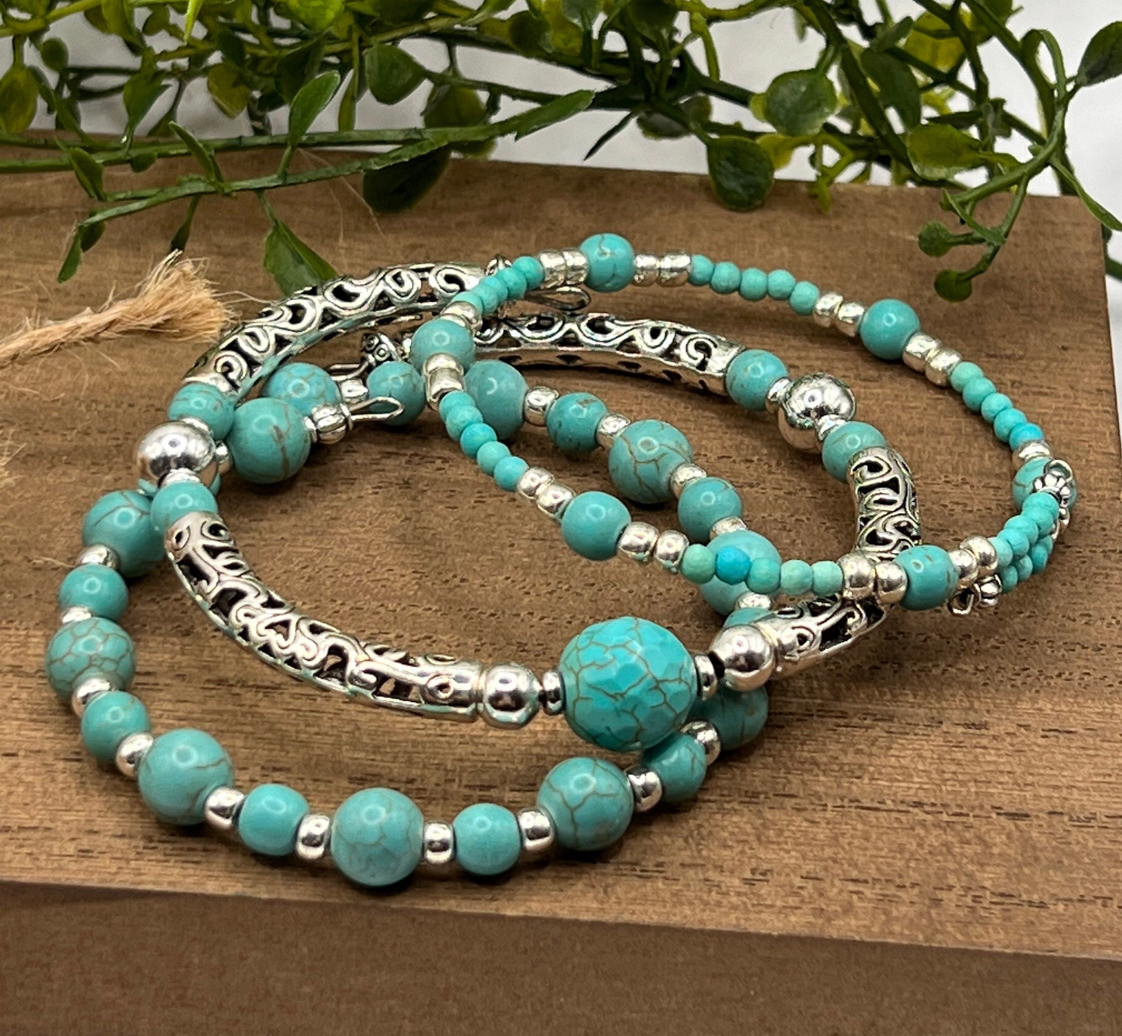 Turquoise Beaded Cuff Bracelet Set, Boho Silver Memory Wire Bracelets