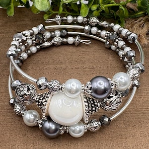 Boho Beaded Cuff Bracelet, Smoky Gray Ivory, Memory Wire Wrap