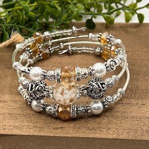 Ivory & Champagne Boho Beaded Statement 3 Coil memory wire cuff bracelet, Ivory, Champagne, silver beaded wrap boho statement bold bracelet