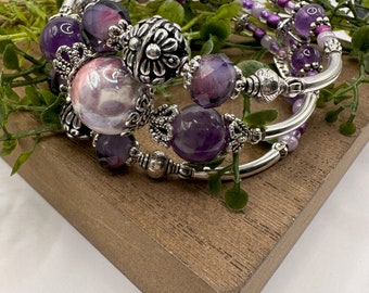 Purple Boho Beaded Statement 3Coil memory wire cuff bracelet, Shades of purple, purple roses ,silver beaded wrap statement bold bracelet