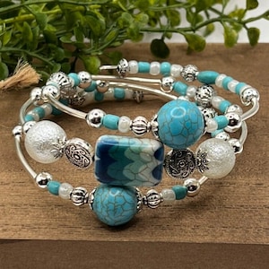 Turquoise Boho Beaded Cuff Bracelet, Handmade Memory Wire Wrap