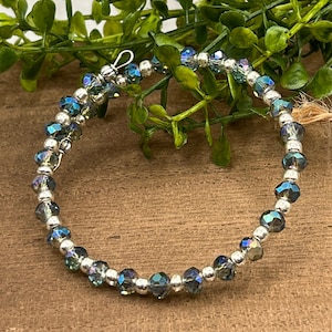 Aqua Blue Crystal Beaded Memory Wire Bracelet, Handmade Boho Cuff
