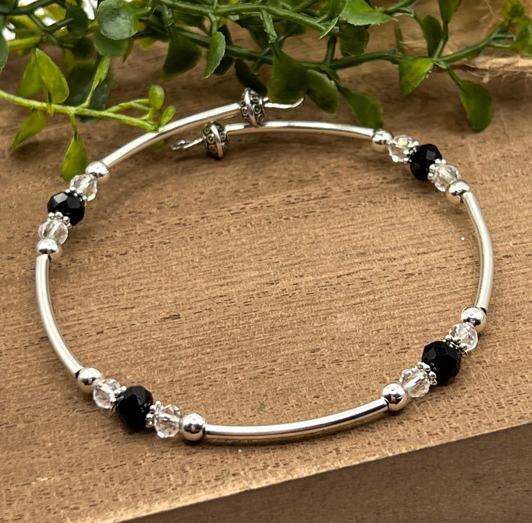 Black and Silver Boho Beaded Set of 3 memory wire cuff bracelets -  Ricyniabeads