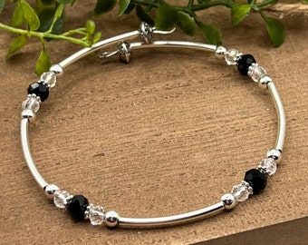 Black Crystal Beaded Memory Wire Bracelet, Boho Minimalist Jewelry