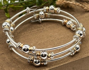 Two-Tone Beaded Cuff Bracelet, Silver and Gold Boho Memory Wire