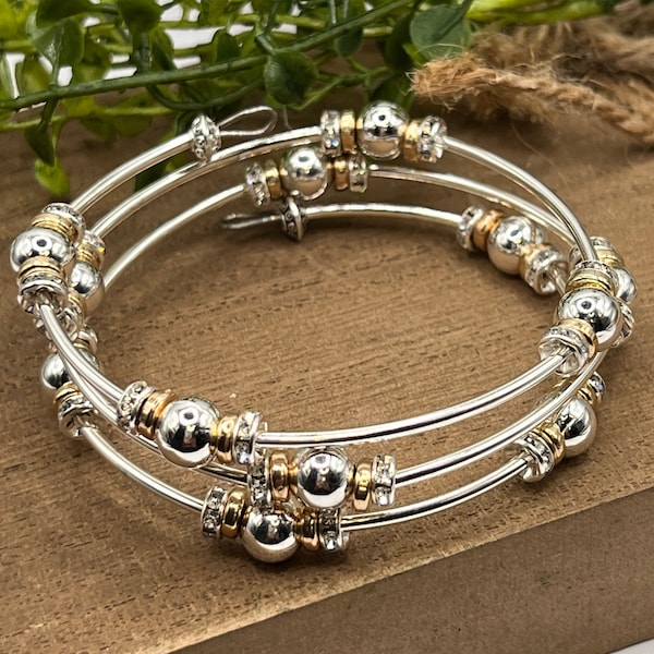 Two-Tone Beaded Cuff Bracelet, Silver and Gold Boho Memory Wire