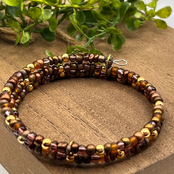 Shades of Brown and Gold seed bead memory wire cuff bracelet Browns and Gold beaded wrap bracelet boho hippie bracelet for her gift for her