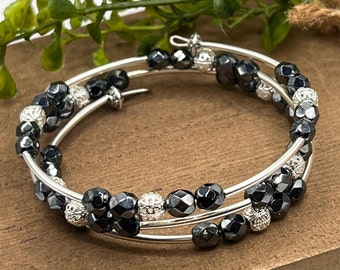 Black Beaded Boho Cuff Bracelet, Silver Memory Wire, Handmade