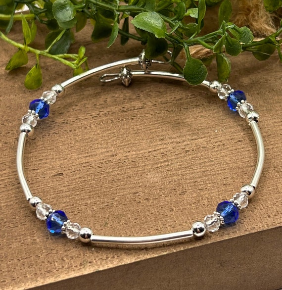 Blue Crystal Beaded Memory Wire Bracelet, Handmade Boho Jewelry
