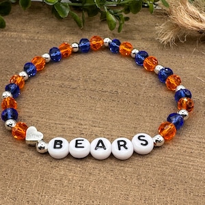 Chicago Bears Beaded Bracelet, Blue and Orange crystal beads, silver heart, beaded stretch bracelet gift for her  NFL inspired Chicago Bears