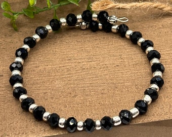 Black Crystal Beaded Memory Wire Bracelet, Boho Cuff, Handmade USA
