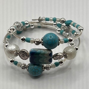 Turquoise and Blues Boho Beaded Statement 3 Coil Memory Wire Cuff ...