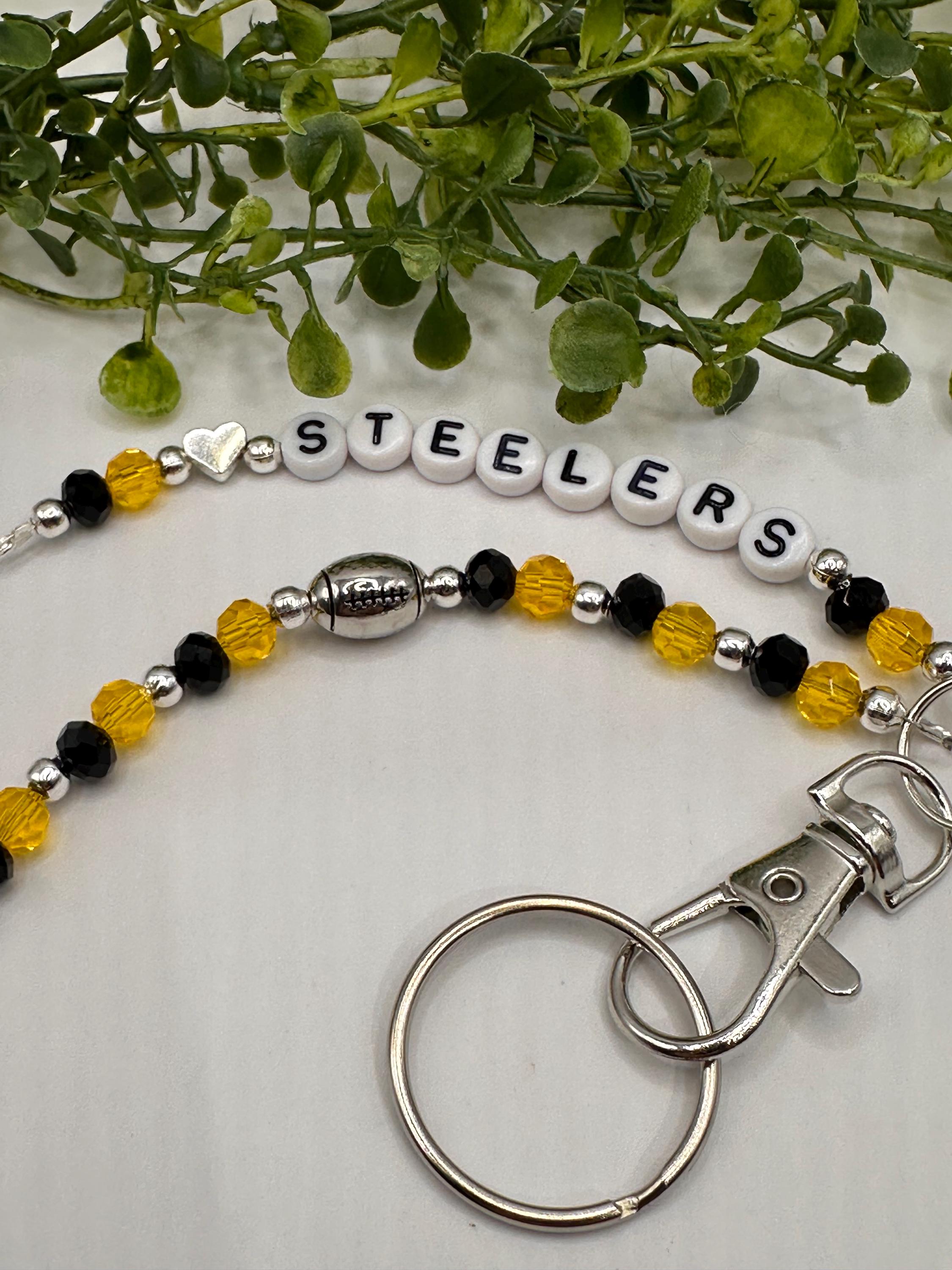 Steelers Beaded Keychain, Black & Yellow Crystal, NFL Inspired Purse Charm