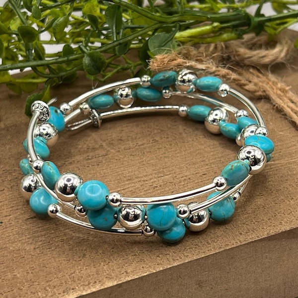 Turquoise and Silver Beaded Boho 3 Coil Memory Wire Cuff Bracelet, Turquoise and Silver beaded wrap boho statement bracelet, gift for her