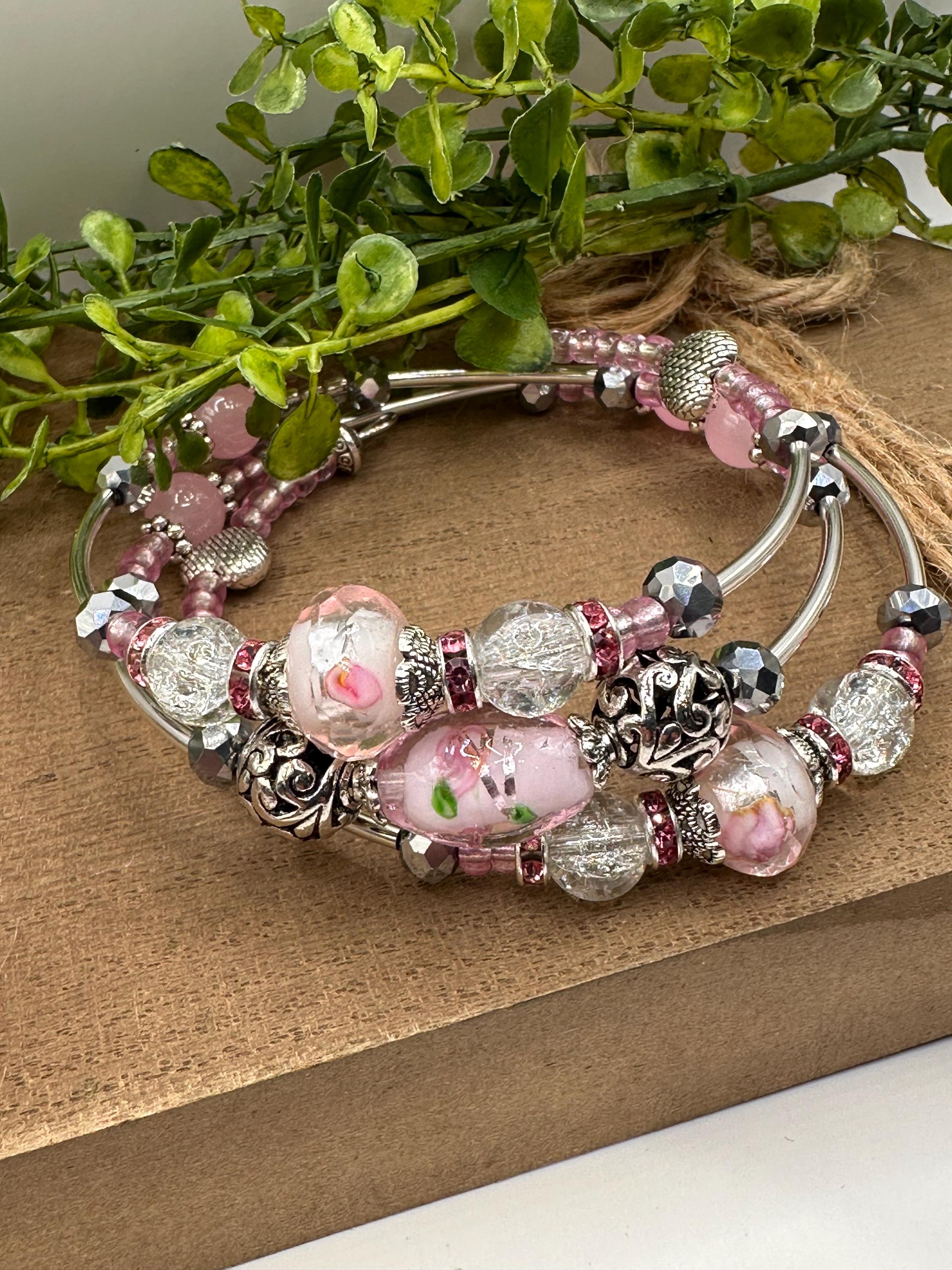 Pink Beaded Boho Cuff Bracelet, Silver Accent Beads, Handmade in USA