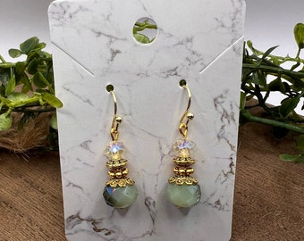 Earrings Sage Green and Gold Beaded Boho, Dangle Earrings, Small Dangle Beaded Earrings, Gift for Her, Hypoallergenic ear wires, Green