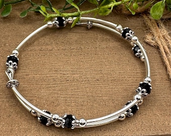 Black Crystal Beaded Cuff Bracelet, Silver Memory Wire Boho Bracelet