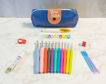 Ergonomic Aluminum Crochet Hook Set with Case, Stitch Markers, Needles
