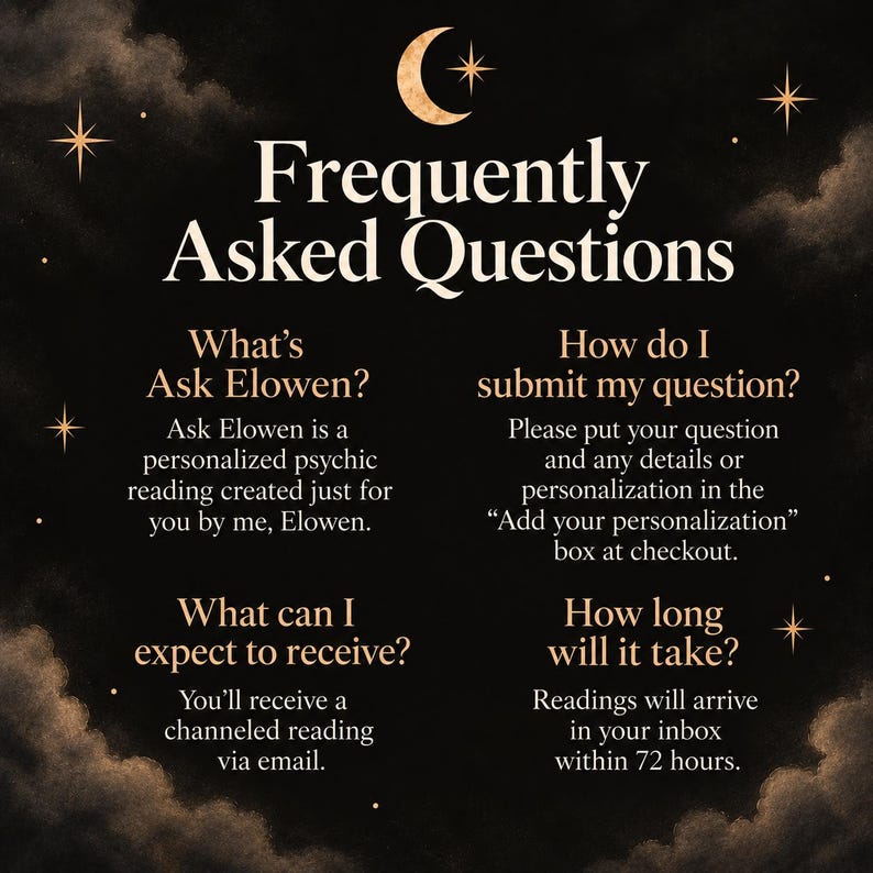 May include: A black graphic with a crescent moon and stars containing the text Frequently Asked Questions. It details how to submit questions for Ask Elowen, what to expect from the channeled reading, and the 72-hour delivery timeframe via email.