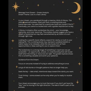 May include: A black digital print titled Message from Elowen - Dream Analysis: Lost in a Vast Library. The text features gold celestial icons including stars and a crescent moon, detailing a dream about a library, a locked door, and guidance.