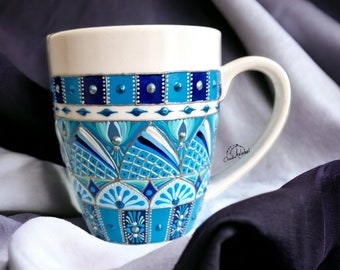 White Blue Sky hand painted ceramic coffee mug