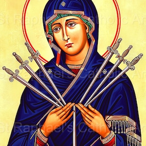 May include: A religious icon depicting the Virgin Mary with a blue robe and a halo. She is holding seven swords in her hands, symbolising the sorrows she endured during her life.