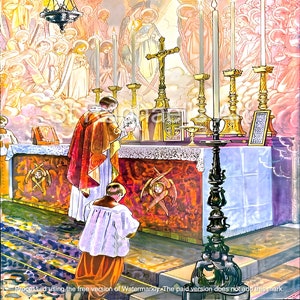 Messe catholique latin traditionnel prêtre Saint sacrifice Jésus élévation de l'hôte communion art catholique téléchargements numériques