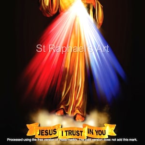 Puede incluir: Una representación artística de Jesús con una túnica dorada, con rayos de luz roja, blanca y azul que emanan de su pecho. El texto "JESUS I TRUST IN YOU" se muestra en una pancarta debajo. La imagen está etiquetada como "St Raphael's Art".