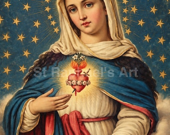 May include: A religious painting depicting a figure with a white head covering, a blue mantle, and a white robe, featuring a glowing heart with a sword and flowers at the center. The background is a dark blue sky filled with golden stars and clouds.