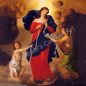 May include: A religious painting featuring a woman in a red dress and blue cloak, surrounded by angels. A dove is at the top. The text "Raphael's Catholic Art" is visible. The artwork has a classical style with soft lighting and a celestial theme.