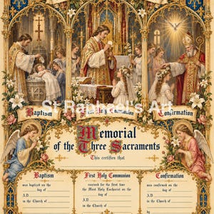 May include: A decorative religious certificate titled Memorial of the Three Sacraments, featuring detailed illustrations of baptism, first holy communion, and confirmation. The ornate border includes angels, lilies, and Latin text, with blank lines for recording dates and church names.