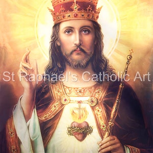 May include: A painting of Jesus Christ wearing a crown and a robe, with a golden scepter in his right hand. His heart is exposed, with a crown of thorns and flames. The background is a golden halo.