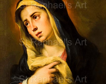 May include: A painting of a woman in a blue and yellow robe, with her head bowed and her hands clasped together. She appears to be crying. The painting is set against a dark background.