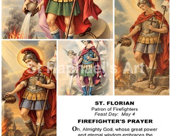 Lámina imprimible de arte católico de San Florián – Imagen y tarjeta de oración del santo patrón de los bomberos