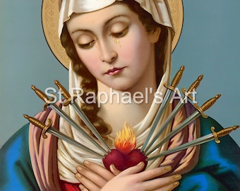 Sorrowful Heart of Mary Icon – Our Lady of Sorrows, Pierced Heart of Virgin Mary Catholic Art Digital Download