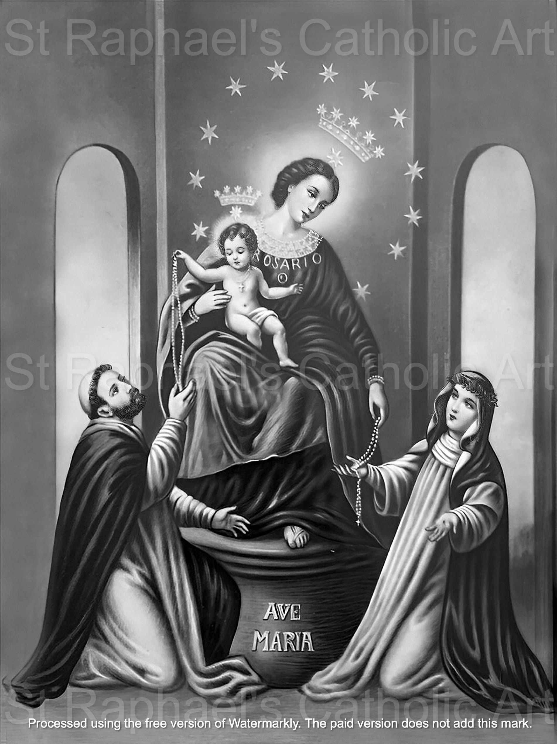 ロザリオの聖母のアンティーク希少カトリック絵画デジタルダウンロード
