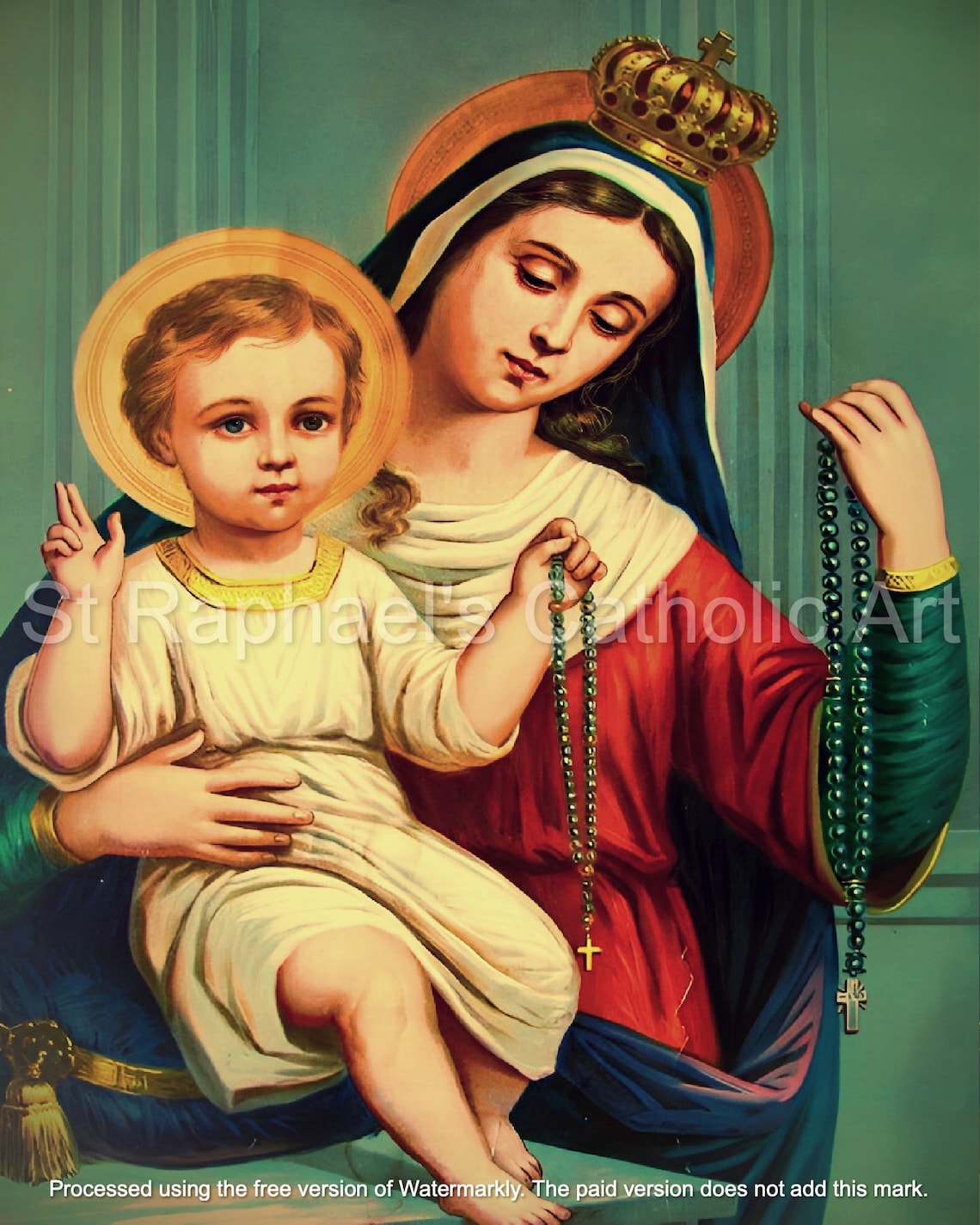 Our Lady of the Rosary Child Jesus Holding Rosary Beads Holy Catholic ...