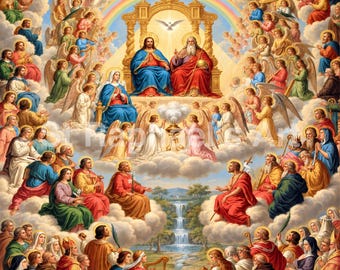 May include: A religious painting depicting the Holy Trinity with Jesus and God the Father seated on a golden throne beneath a rainbow. They are surrounded by a multitude of angels and saints on clouds, with a waterfall landscape visible below.